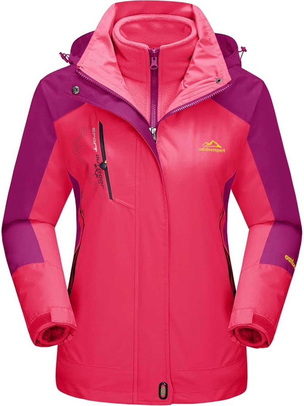 Women's Rose Notch Collar Adjustable Hood Zipper Pocket Snow Ski Jacket